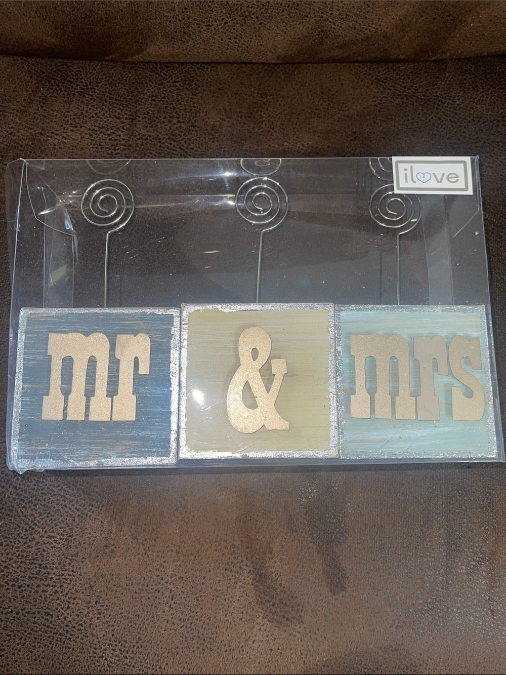 Love Mr & Mrs Decorative Photo Frame Holder in Blue and Cream